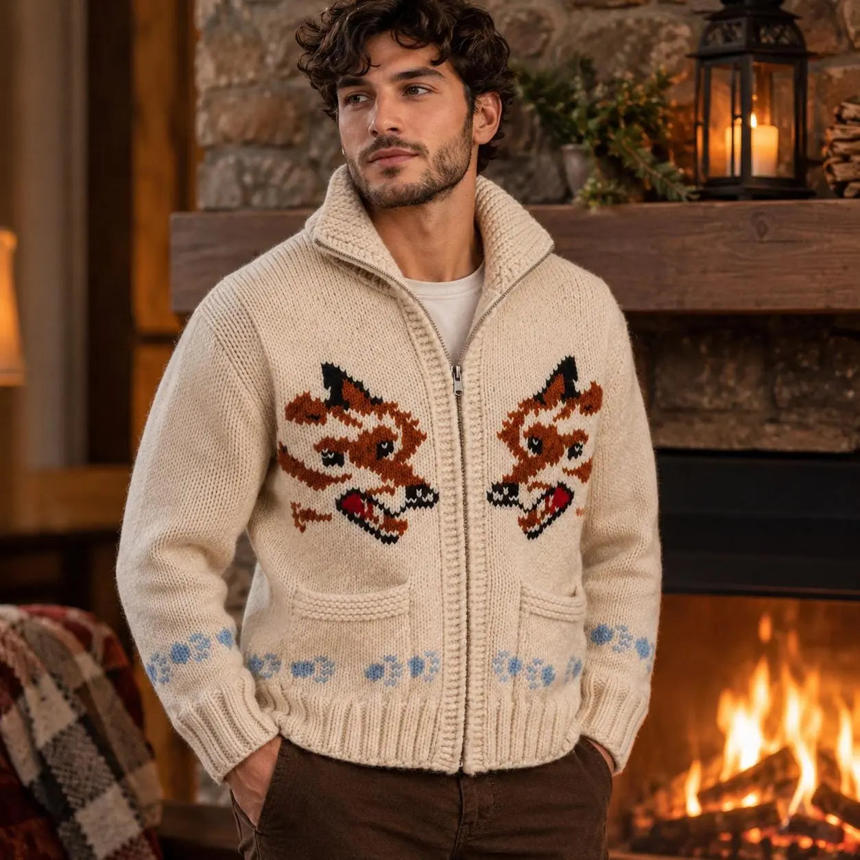 Handknit Wool Fox Cardigan | Chunky Knit Cowichan Style Zip up