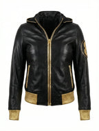 Duazan 8 Ball Hooded Leather Jacket – Black & Gold Edition Mens & Women outerwear Duazan