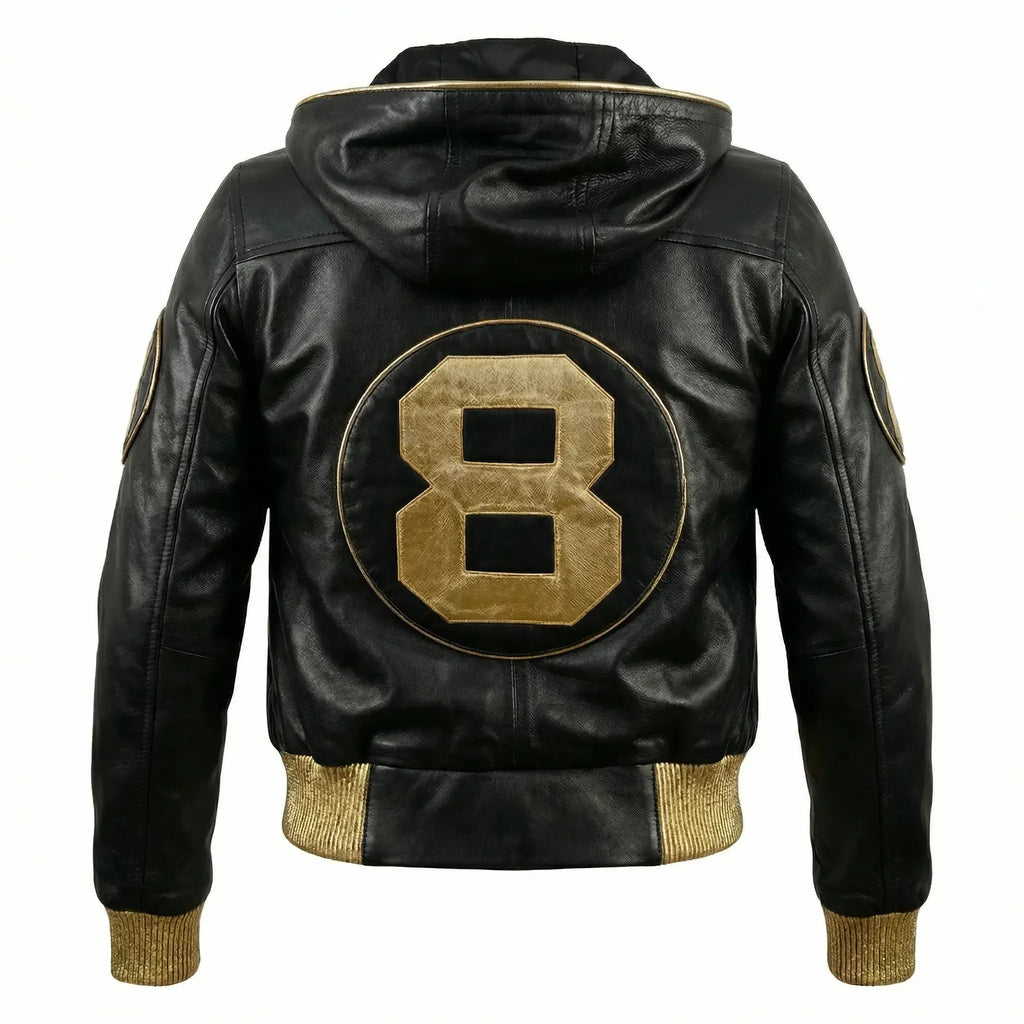 Duazan 8 Ball Hooded Leather Jacket – Black & Gold Edition Mens & Women outerwear Duazan