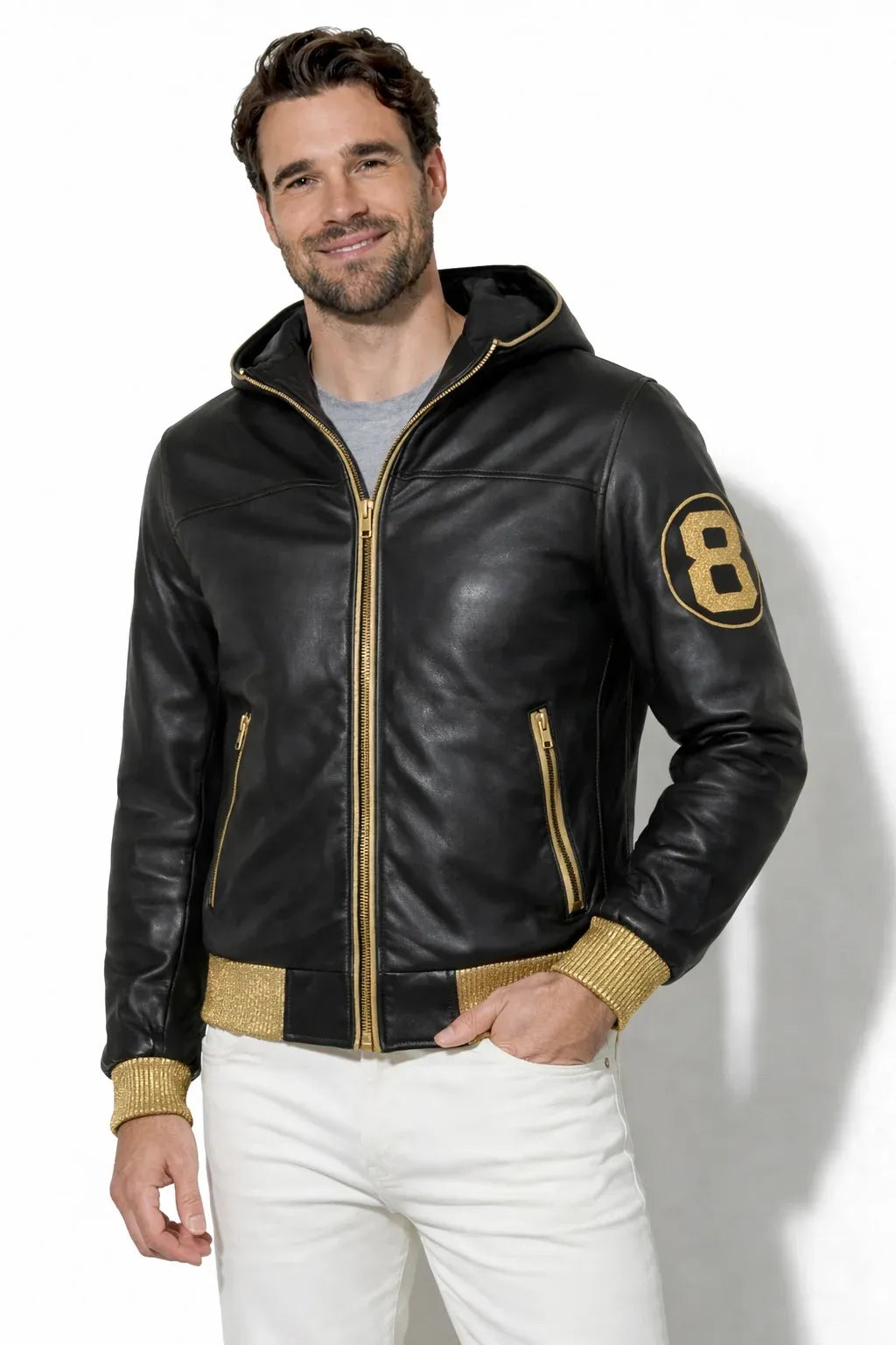 Men's & Women's 8 Ball Pool Black Gold Hooded Leather Jacket — Unisex Streetwear Bomber | Leveljacket