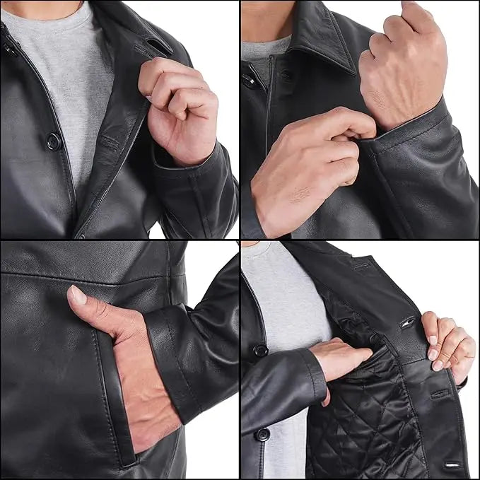 Duazan Men’s Brown Black  Lambskin Leather Car Coat for Men Duazan