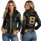 Men's & Women's 8 Ball Pool Black Gold Hooded Leather Jacket — Unisex Streetwear Bomber | Leveljacket