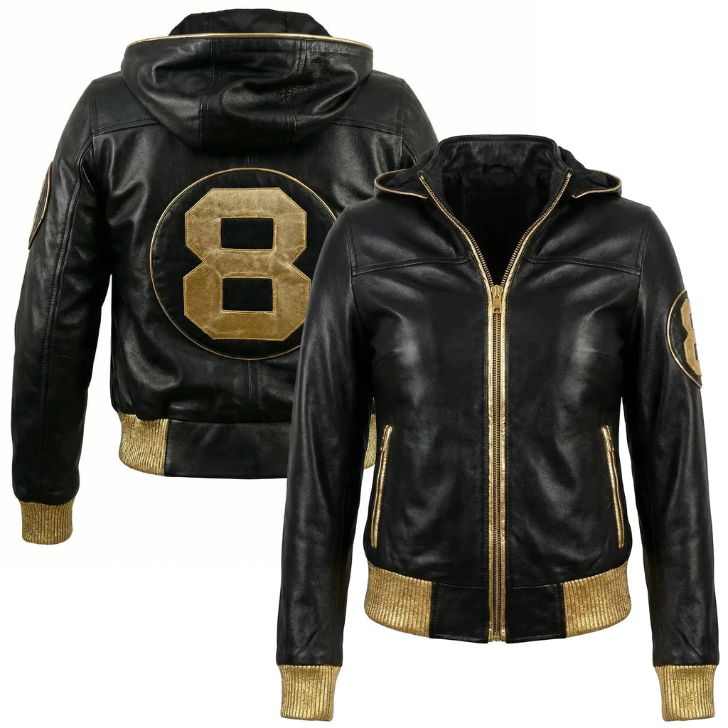 Duazan 8 Ball Hooded Leather Jacket – Black & Gold Edition Mens & Women outerwear Duazan