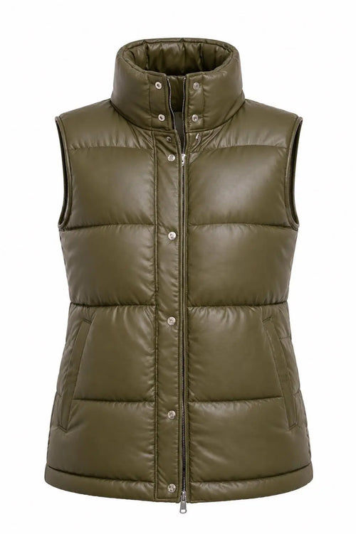 Handmade Genuine Lambskin Leather Puffer Vest | Olive Green Gilet