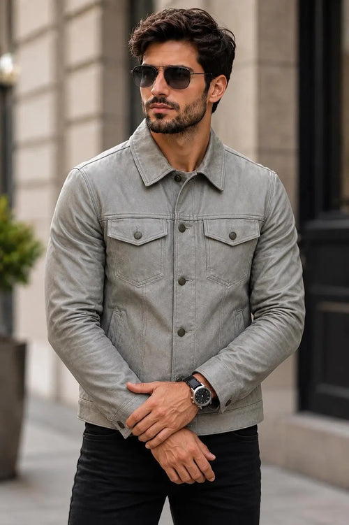 Handmade Grey Lambskin Leather Trucker Jacket | Biker Style Leather Jacket men